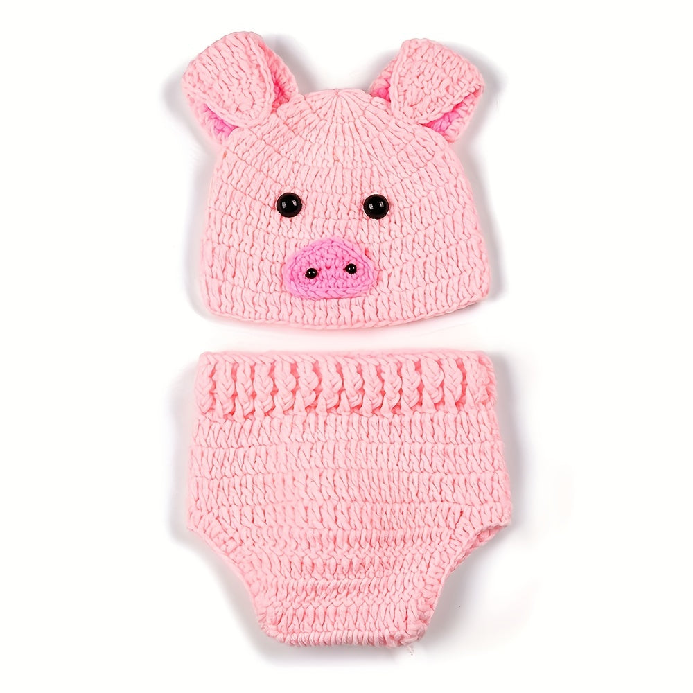 Cute handmade infant baby photography props - featuring adorable pigs hat and shorts suit outfit in a 2-piece set!