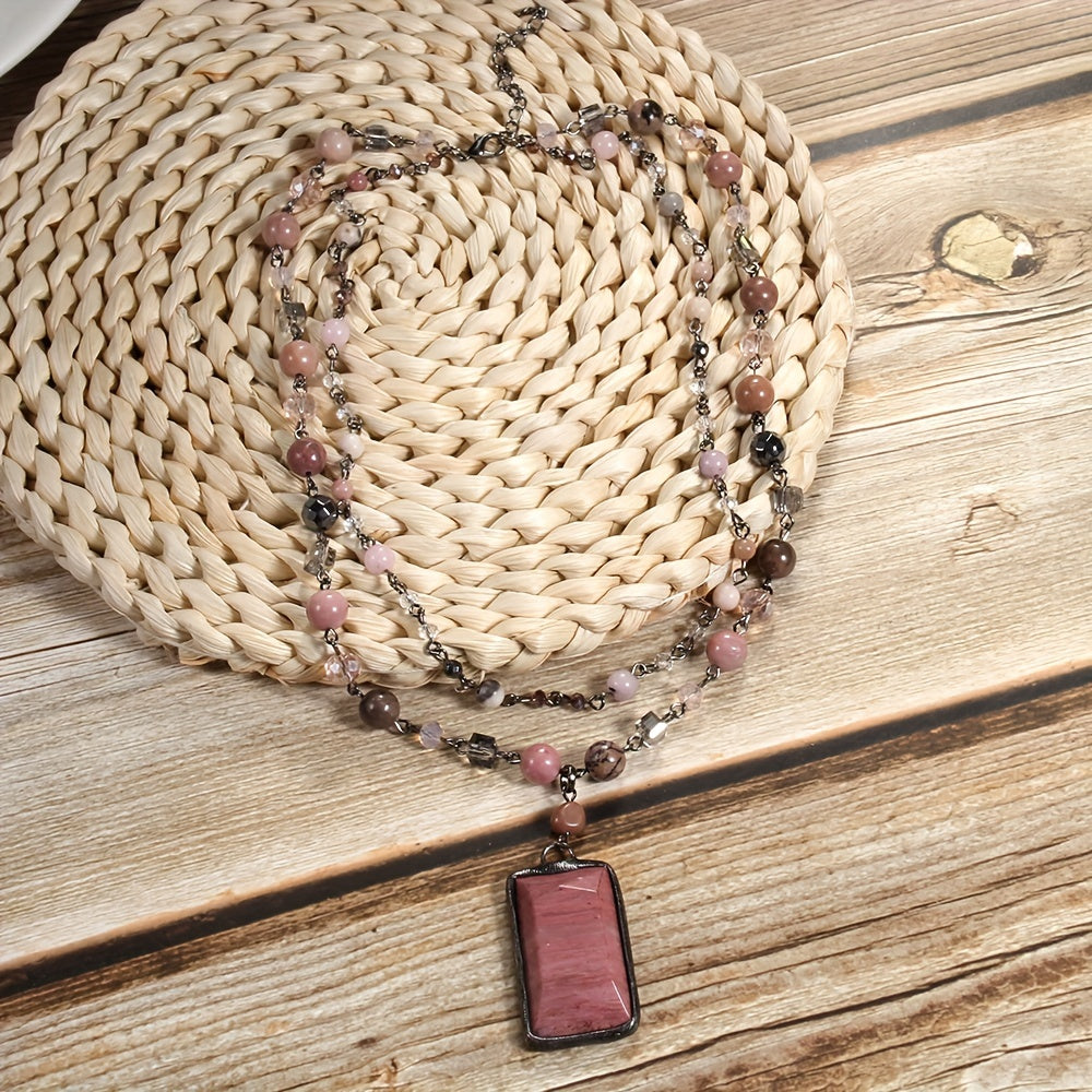 Chic Layered Stone Necklace with Boho Vibe, Featuring Natural Gemstones and Glass Beads on Black Chain, 2-Tier Style with Square Faceted Pendant, Great for Women to Wear Everyday or Give as Gifts, Ideal for Celebrating Mother's Day or Welcoming Spring