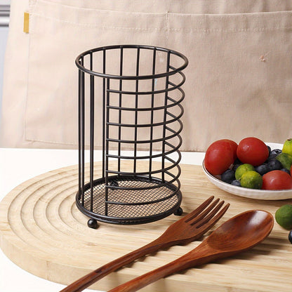 Sturdy Iron Kitchen Organizer for Cutlery and Cooking Tools - Round Basket with Drainage Stand for Chopsticks, Knives, and Flatware - Multifunctional Countertop Storage Rack