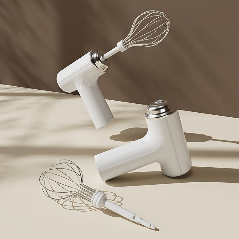 Battery-powered hand mixer with stainless steel whisk, 1050 RPM motor, and 800mAh rechargeable lithium battery, ideal for baking and cooking.