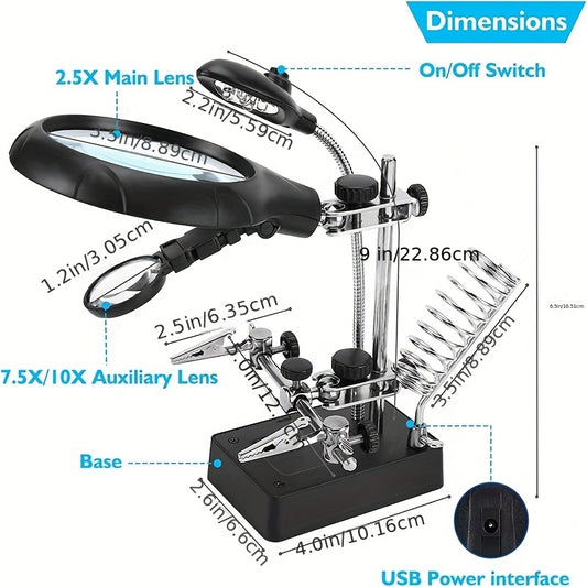 Soldering workstation with magnifying glass, PCB holder, soldering tools, and flexible arm.