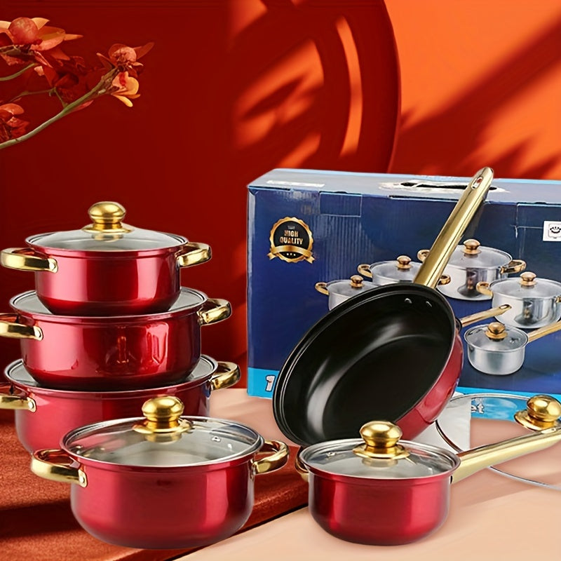 Durable 12-piece Aluminum Cookware Set in Red with Non-Stick Pots and Pans, Stainless Steel Kitchen Essentials