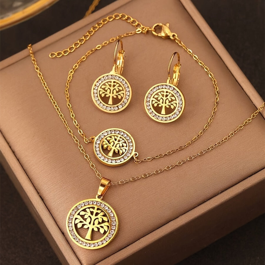 3-Piece Tree of Life Jewelry Set in Bohemian Style - 14K Gold Plated Copper with Synthetic Zirconia - Perfect for Parties and Weddings, Includes Necklace, Bracelet, and Earrings.