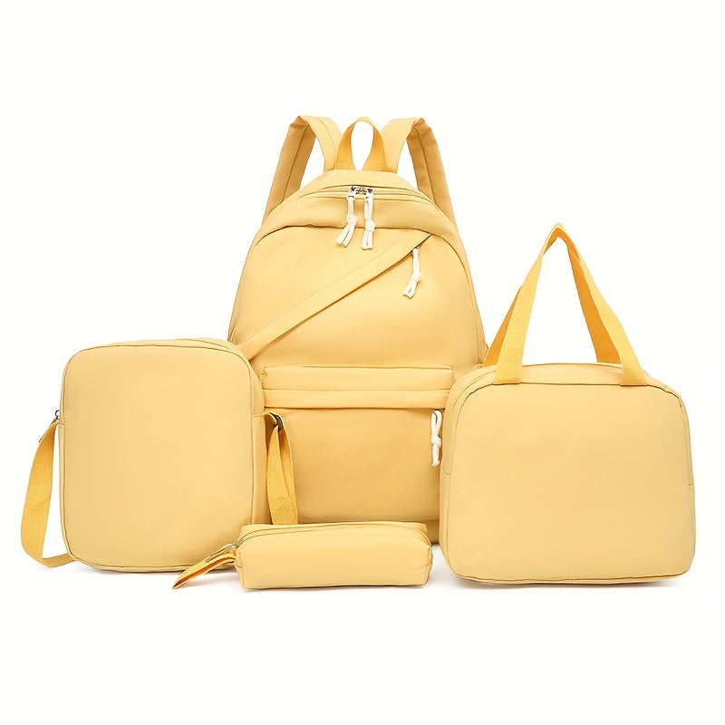 Set of 4 backpacks, cross body bag, handbag, and pen bag in classic solid colors. Suitable for both women and men for casual travel with large capacity. Ideal for schoolgirls and students