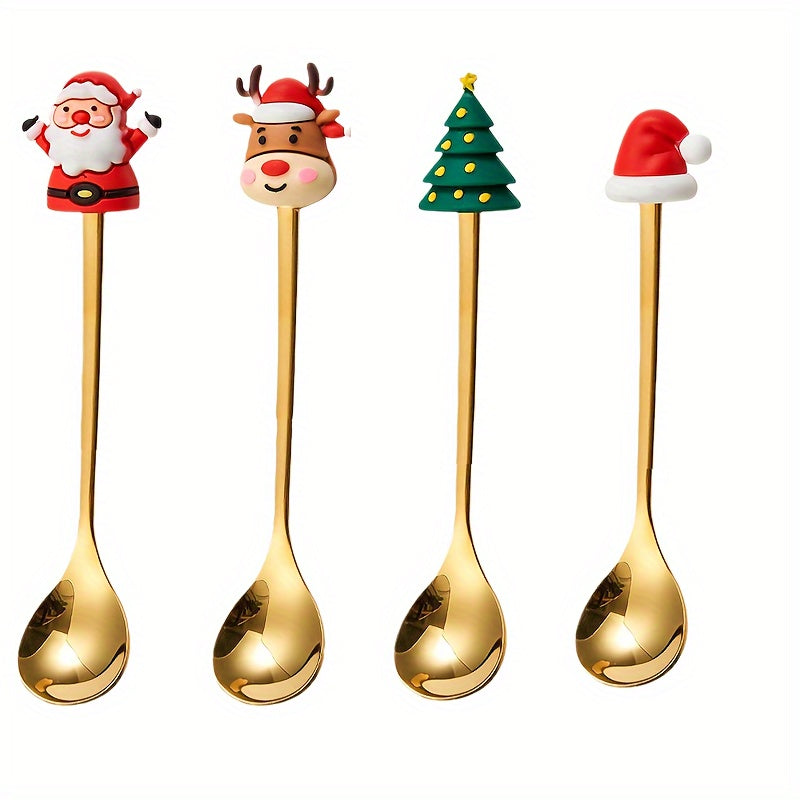 Set of 4 stainless steel coffee spoons with Santa and reindeer designs for Christmas dining.