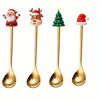 Set of 4 stainless steel coffee spoons with Santa and reindeer designs for Christmas dining.