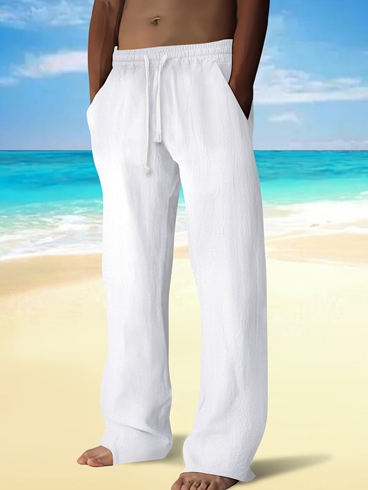 Men's casual drawstring pants made of cotton linen blend fabric. Features relaxed fit, straight leg with pockets, and a beach-inspired design. Ideal for spring and fall.