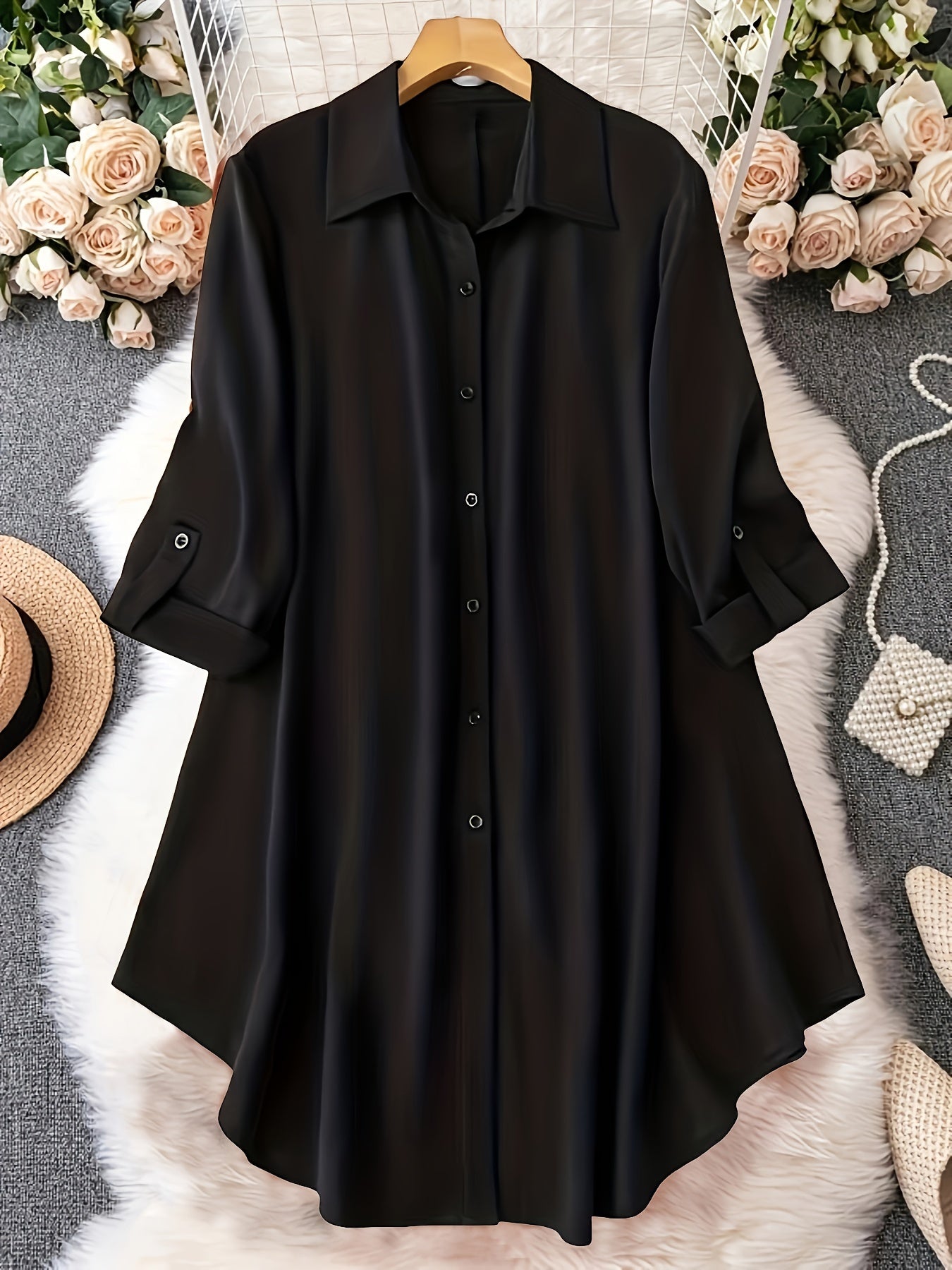 Chic black button-up shirt for plus size women, made of 100% polyester. Machine washable and ideal for spring/fall.