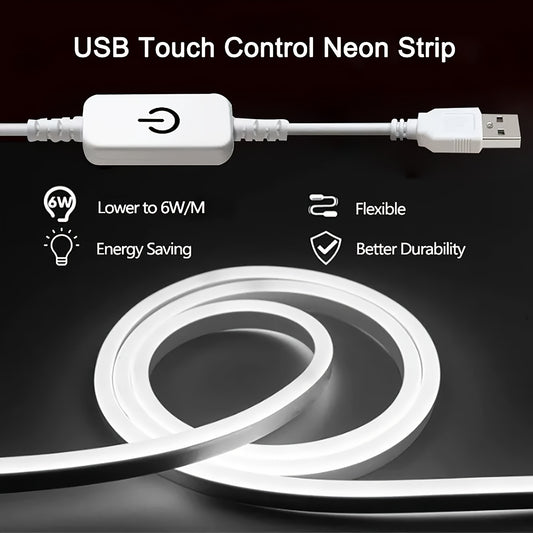 Energy-efficient USB-powered LED neon strip lights in 1m, 3m, and 5m lengths, featuring touch control for energy-saving lighting. Portable for home decor, reading, mirror, TV backdrop, and