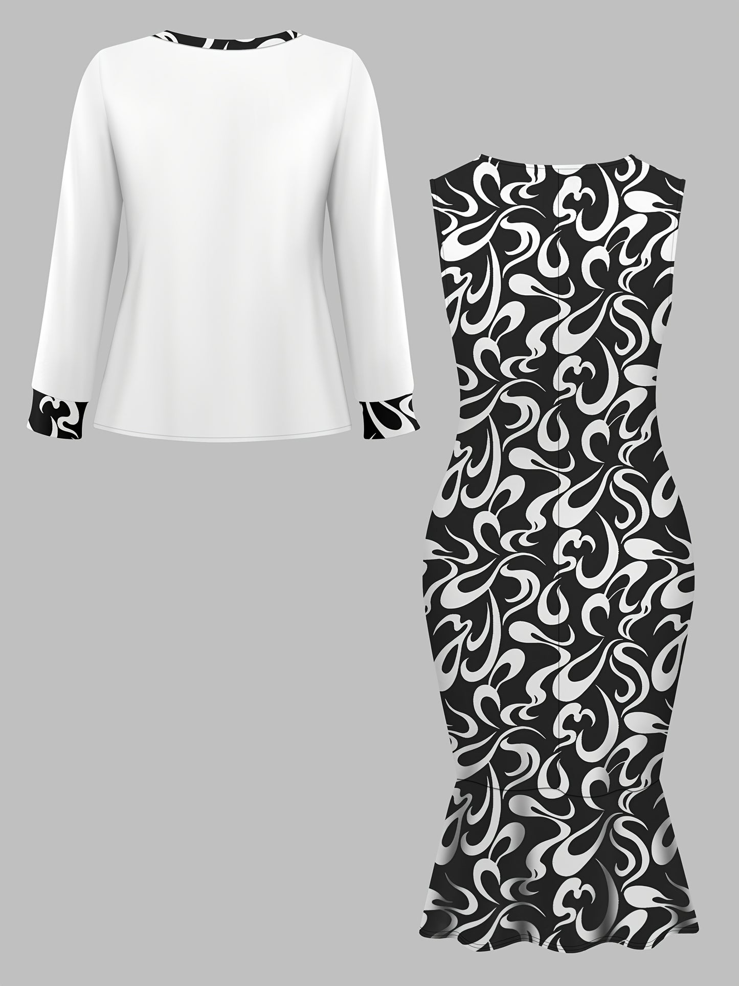 Chic white coat and black paisley print sleeveless dress set for plus-size women. Made from stretchy polyester blend, machine washable.