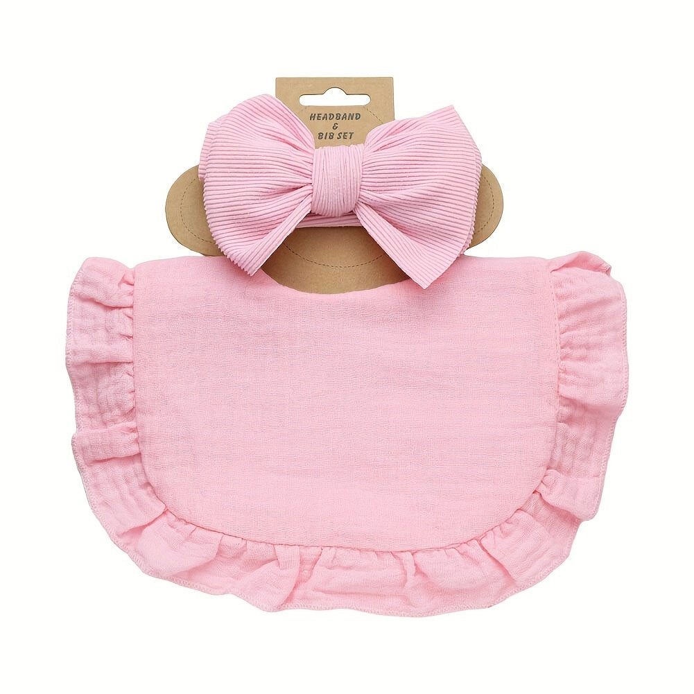 Set of 2 includes a lotus leaf bib and an elastic bow headband. The set also includes a plain color soft bib with snap button closure.