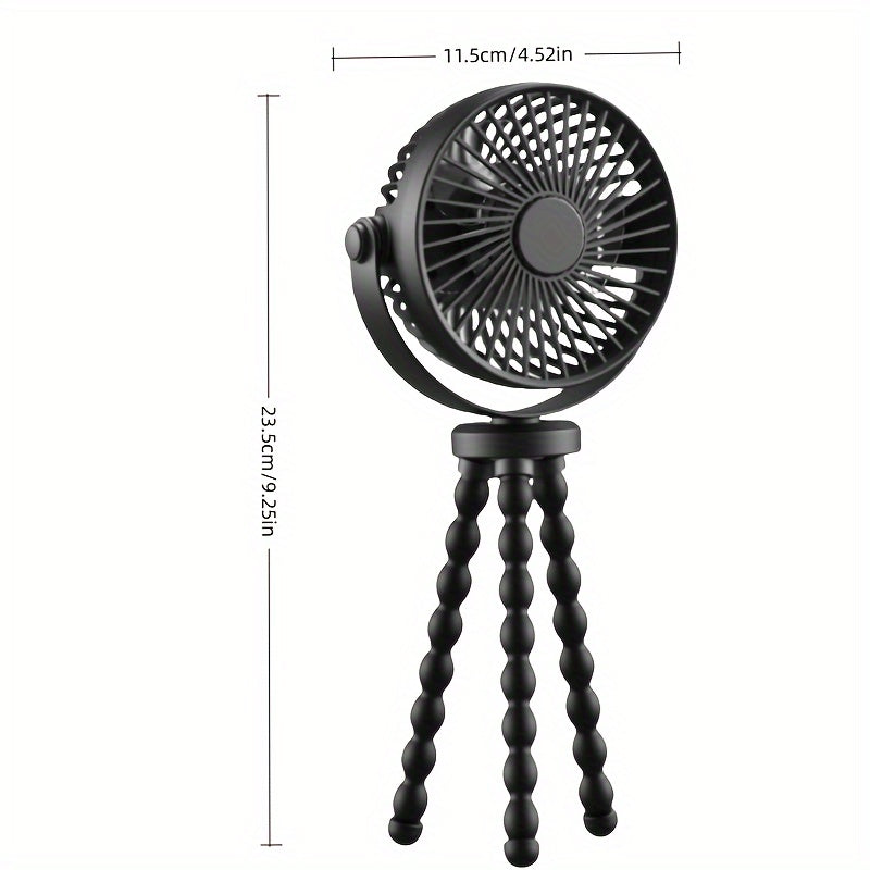 Portable Stroller Fan with Flexible Tripod, Silent Mini Handheld USB Fan for Car Seat, Crib, and Travel - 3 Speed Rotation, Long Life Battery Powered