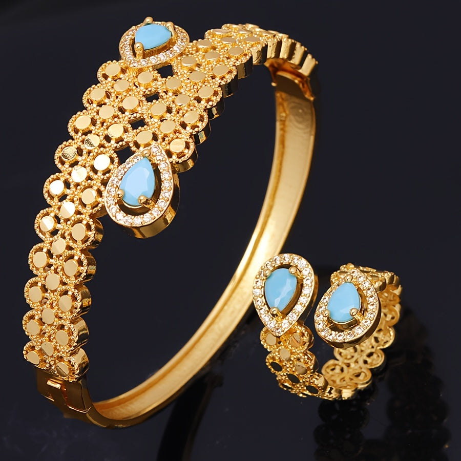 A summer fashion set for women in a Middle Eastern direction, featuring a blue turquoise and zirconia bracelet and ring made of copper. This bohemian style set is perfect for gift giving and daily wear.