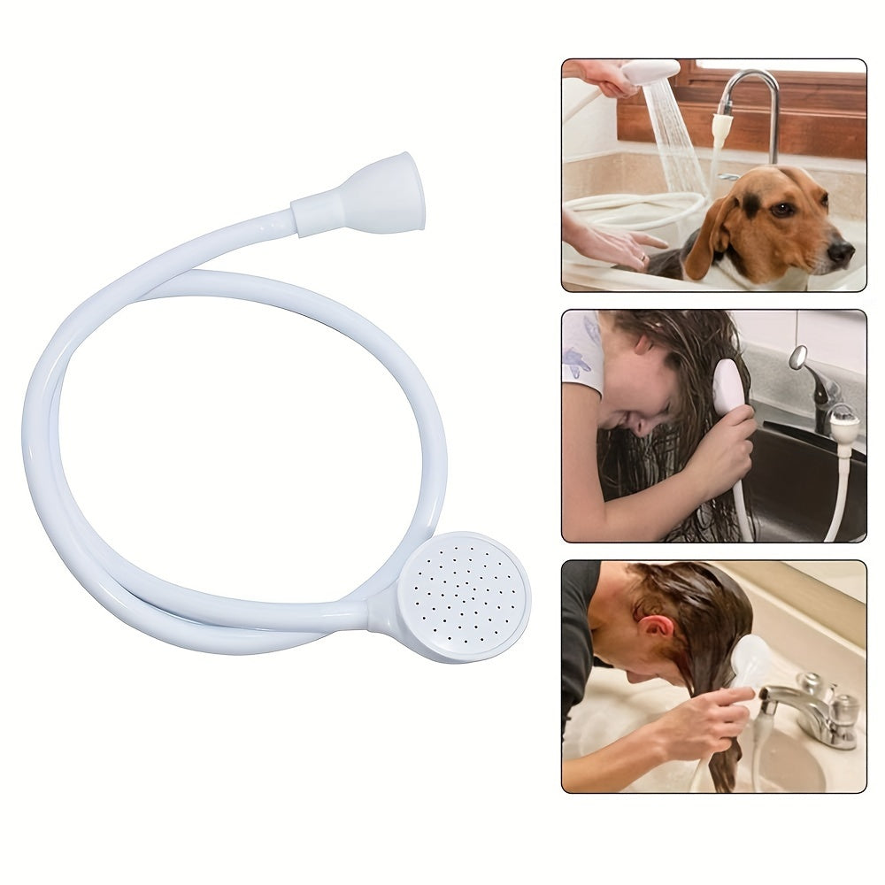 Multipurpose shower attachment set for pets, suitable for both indoor and outdoor use. Adjustable hose fits most faucets for easy installation and convenient bathing and cleaning of dogs