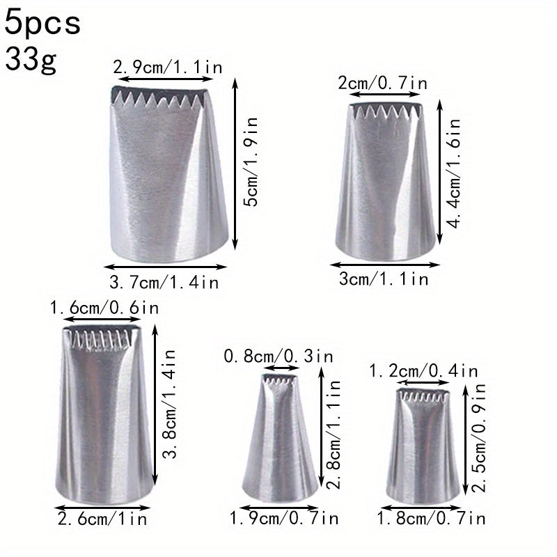 Набор из 5 насадок для труб из нержавеющей стали — идеально подходит для сложного украшения торта с зубчатыми и плоскими краями. Идеально подходит для празднования дней рождения и годовщин, включает в себя основные принадлежности для украшения торта.