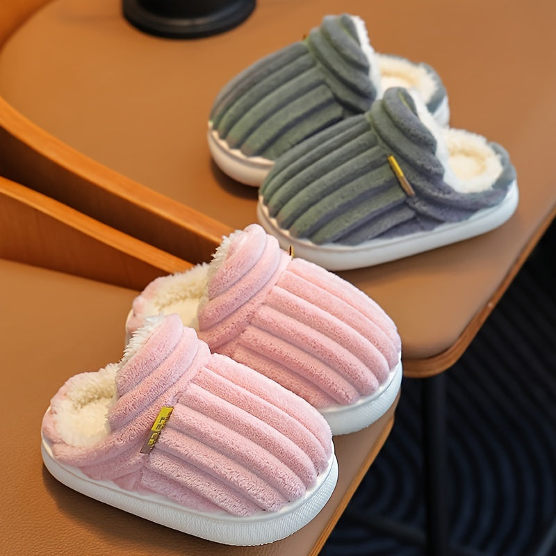 Cozy fleece-lined slippers for kids with fabric upper and EVA outsole, soft sole striped home shoes.