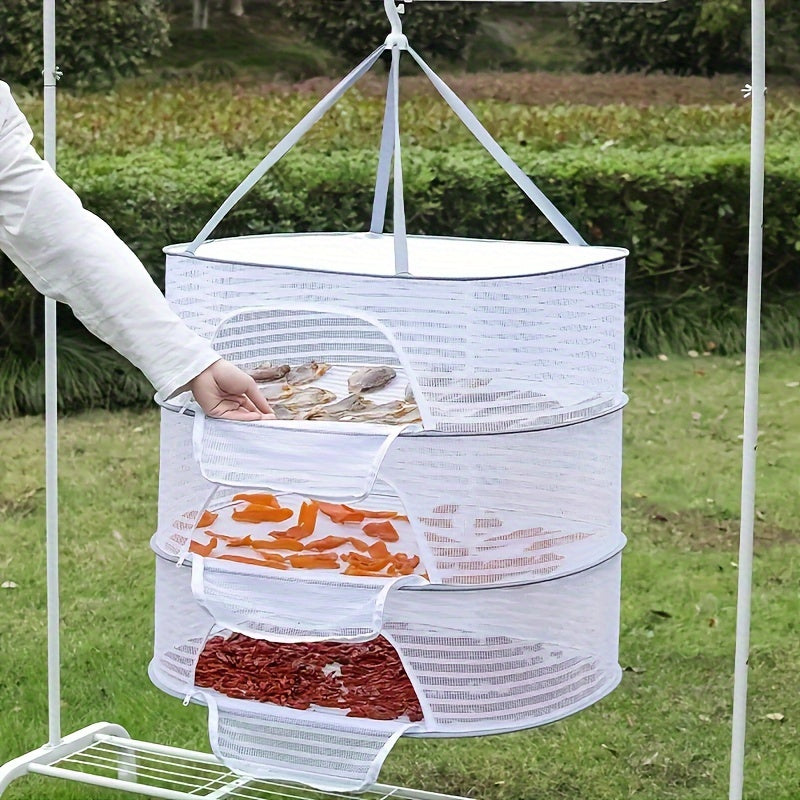 The 3-Tier Collapsible Drying Net is a versatile outdoor basket perfect for drying clothes and foods. It features a zippered design and anti-mosquito mesh pocket, making it ideal for drying shrimp, fish, fruits, vegetables, and herbs. Available in white