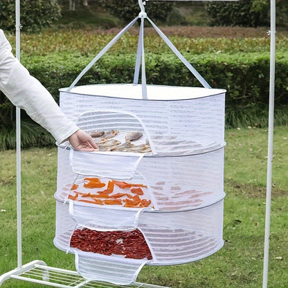 The 3-Tier Collapsible Drying Net is a versatile outdoor basket perfect for drying clothes and foods. It features a zippered design and anti-mosquito mesh pocket, making it ideal for drying shrimp, fish, fruits, vegetables, and herbs. Available in white