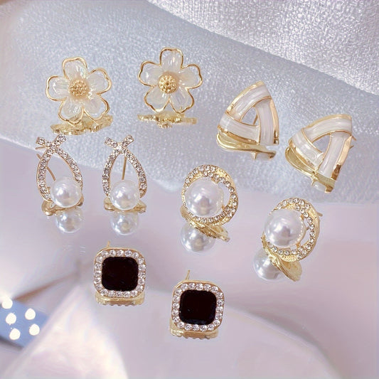 Set of 5 delicate flower water drop design stud earrings with rhinestones in vintage style for women's New Year gift.