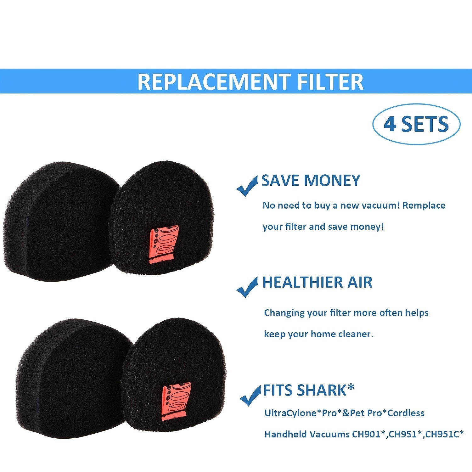 Upgrade your maintenance with this 6-pack of compatible Replacement Foam and Felt Filters, designed for Shark UltraCyclone models CH951, CH951C, CH900WM, CH901, and CH950. Keep your cordless handheld vacuum running smoothly with this convenient kit.