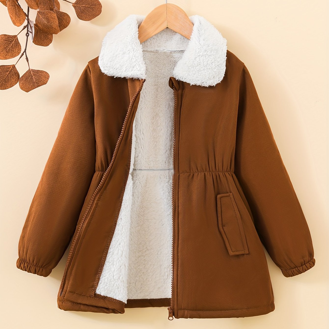 Elegant girls' coat with fleece lining, waist cinching. Machine washable polyester, perfect for fall/winter. Stylish and loose-fit for autumn/winter.