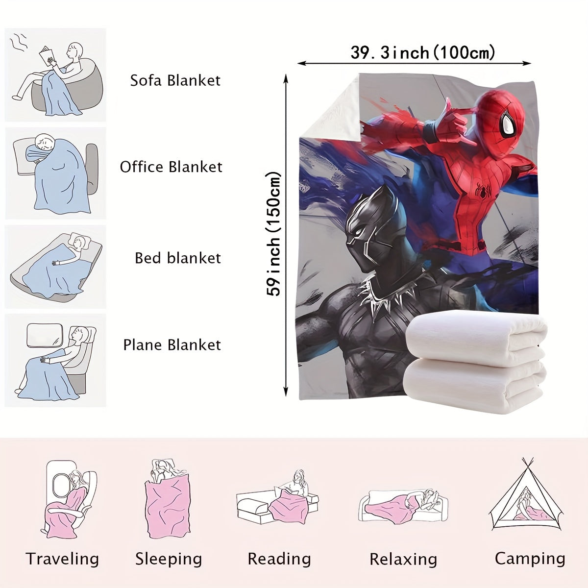 Experience the thrilling battle between Spider-Man and Black Panther on our stylish and detailed red, black, and gray interwoven blankets. Elevate your home with modern and fashionable accessories that bring your superhero dreams to life. Our range of