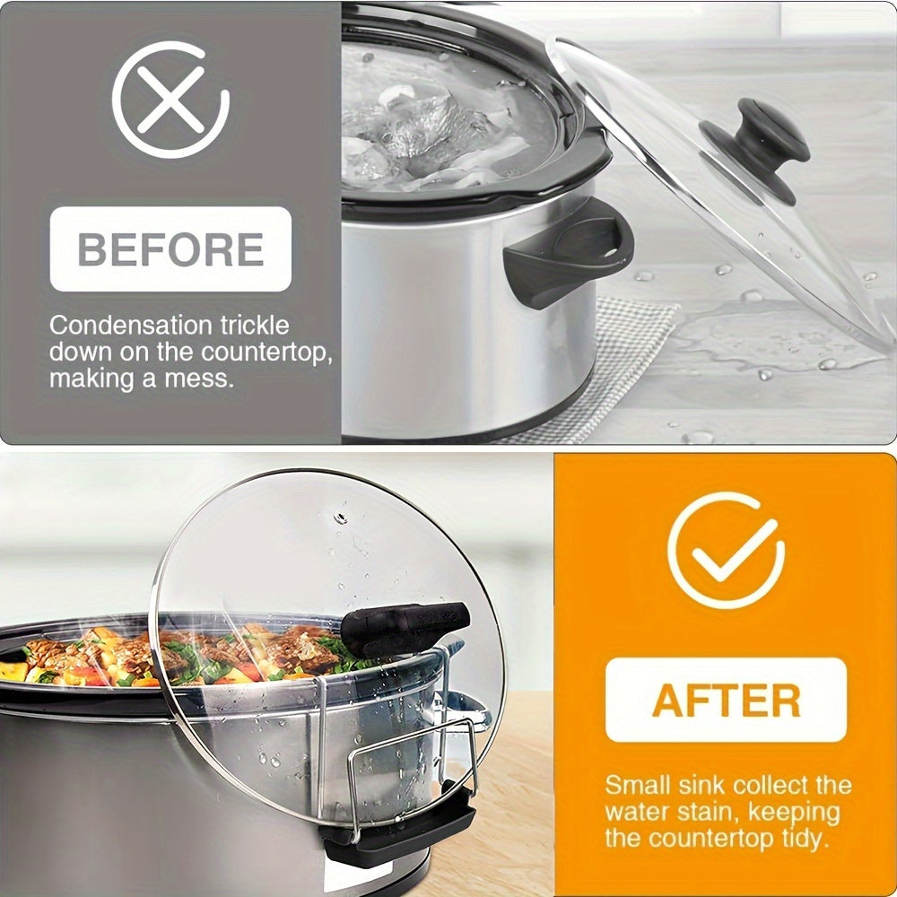 Durable Stainless Steel Pot Lid Holder Features Silicone Drip Tray - Compatible with Most Slow Cookers & Pots, Helps Maintain Clean Countertops, Easy to Clean in Dishwasher.