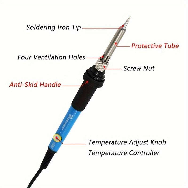 60W Adjustable Temperature Soldering Iron Kit with 15pcs set, Desoldering Pump, Ceramic Heating Element, Electric Solder Station for DIY & Repair, in Red/Blue/Black color scheme.