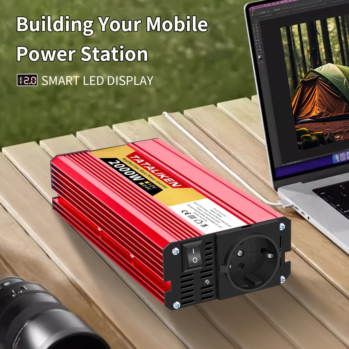 2500W-600W car power inverter with multi-function charger plug, converting DC 12V to AC 220V. Includes USB charger for RV, travel, and Euro regulation sockets. No battery required.