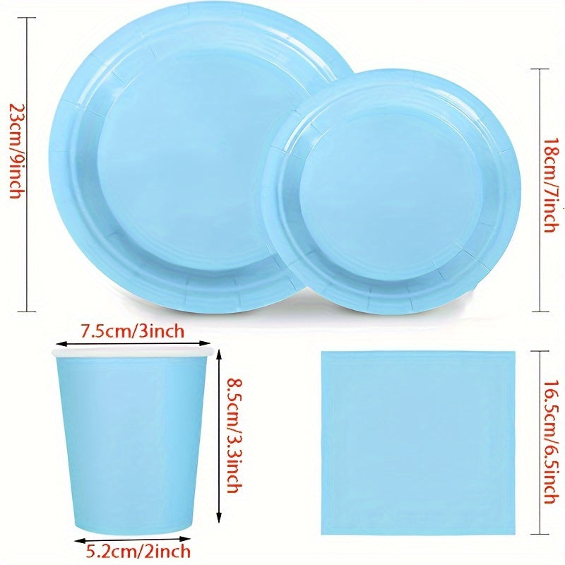 10 pieces or 20 pieces of light blue party supplies including blue paper plates, cups, and napkins. Perfect for blue showers, birthdays, weddings, parties, family picnics, and decorations. These disposable dinnerware items come in 17.78cm and 22.86cm