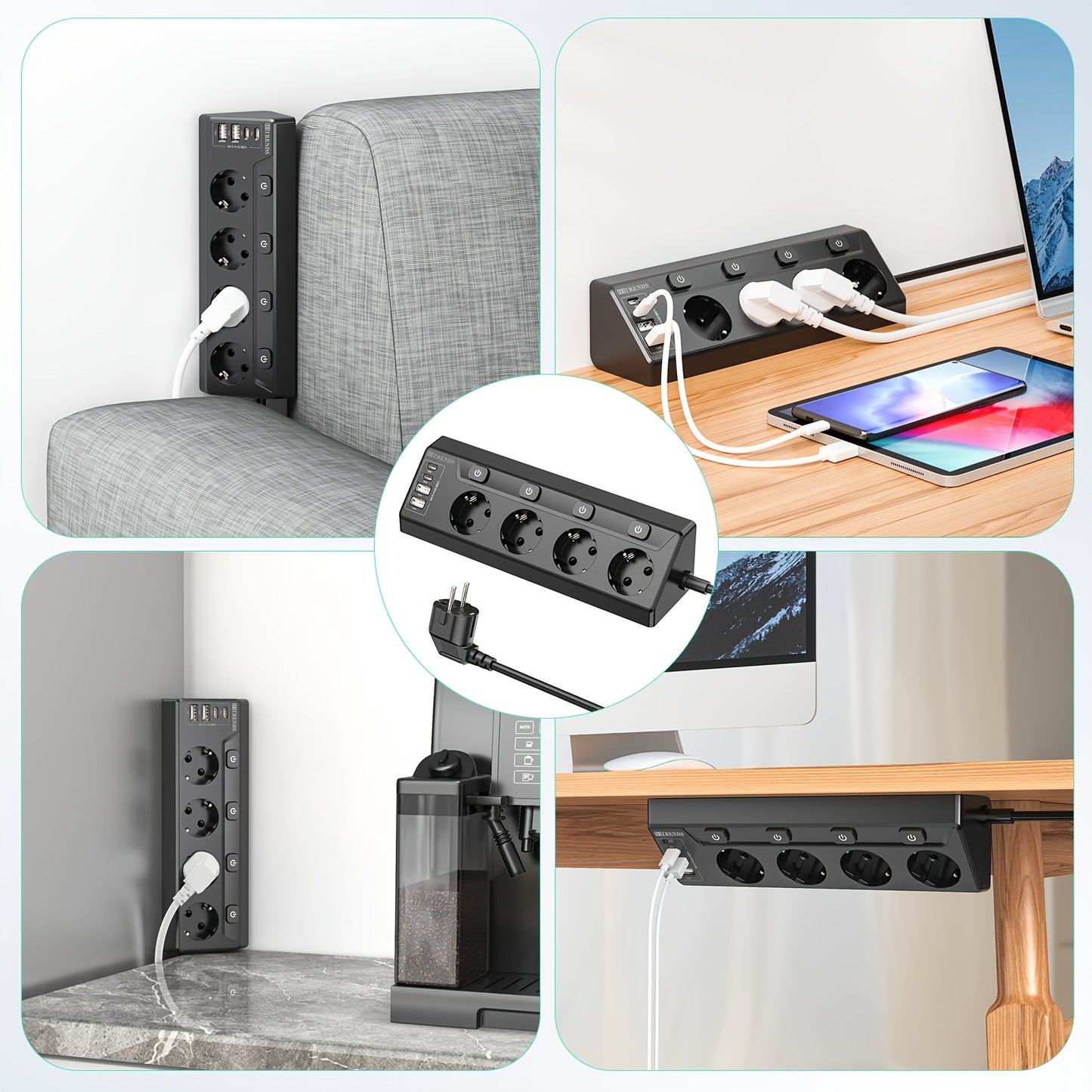 4-tier corner outlet with USB C and USB, wall-mounted and desktop options, multiple outlets with switch, 2m black.