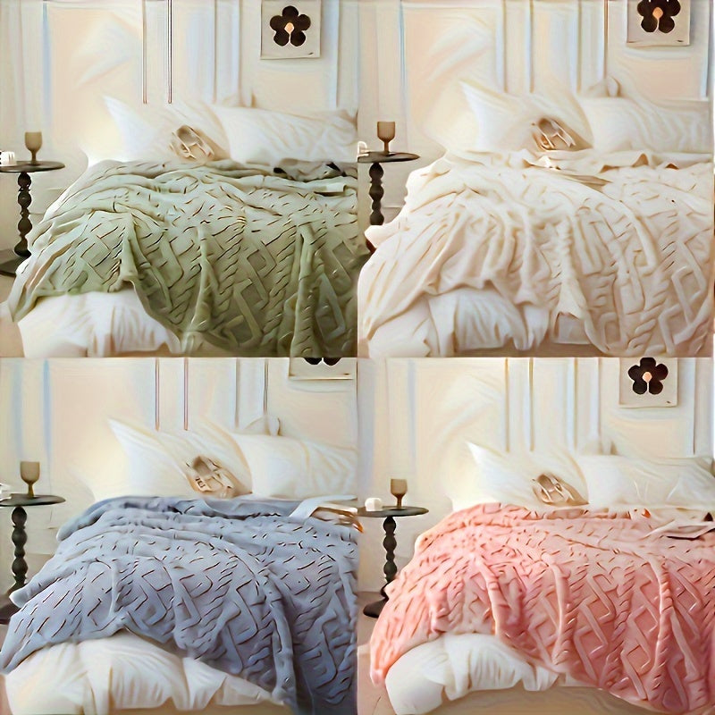 Soft and warm plush air conditioning blanket for July, made of hypoallergenic polyester knit fabric. This blanket is machine washable and can be used as a multipurpose all-season throw for the bed, couch, or travel. It has a weight of 300-350gsm.