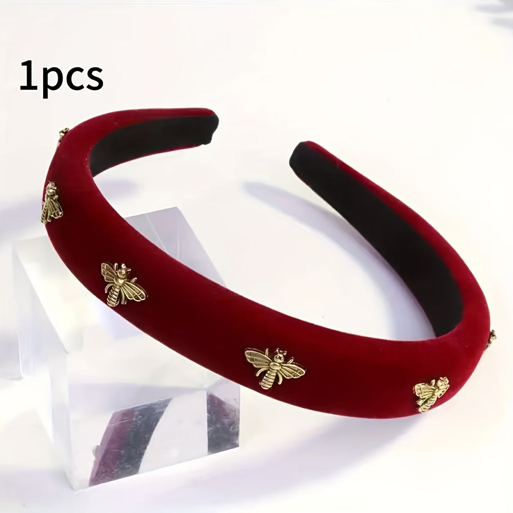 New High-End Velvet Headbands with Bee Design, Retro Fabric Style, Versatile Fashion Accessories; 1-2 pieces.