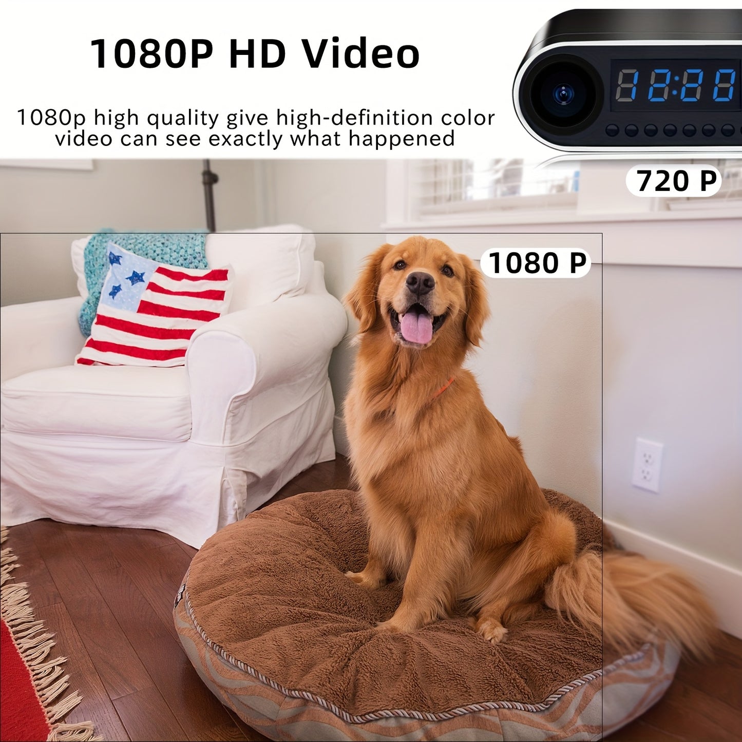 Mini camera clock with HD 1080P WiFi, night vision, wide-angle monitoring, and 64gb memory card for home security.