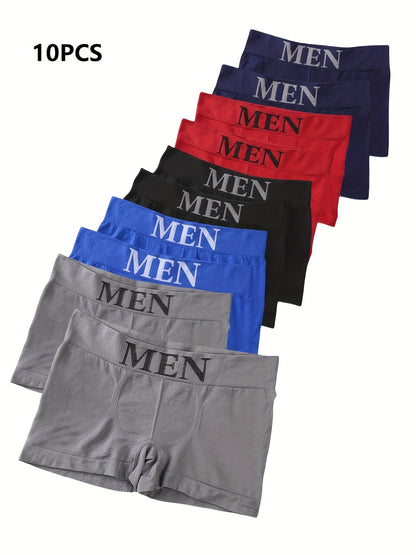 10-Pack Men's Seamless Boxer Briefs made of Modal (90%) and Spandex (10%) high stretch knit fabric with an Alphabet pattern, for breathable comfort fit and casual wear.