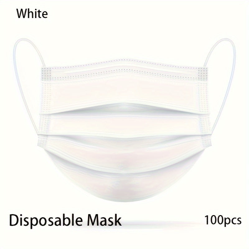 100 white disposable face masks for adults with adjustable ear loops and secure fit nose pad. Ideal for home and office use, hypoallergenic and breathable material.