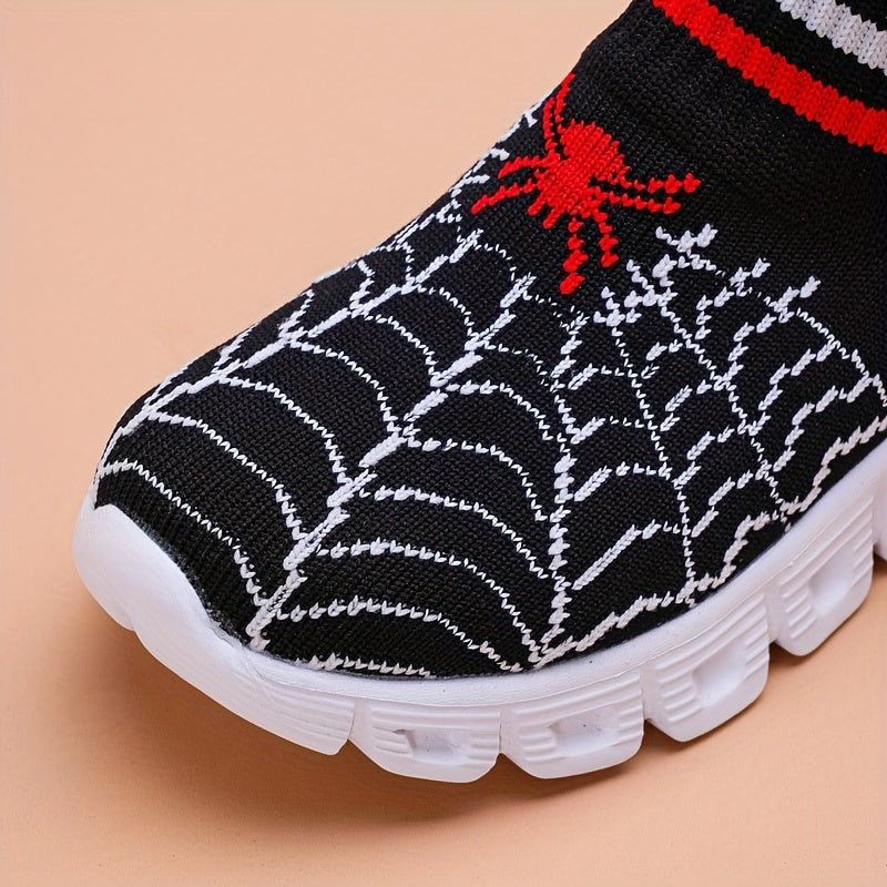 Breathable slip-on woven shoes with a cool spider pattern for boys, perfect for walking and running.