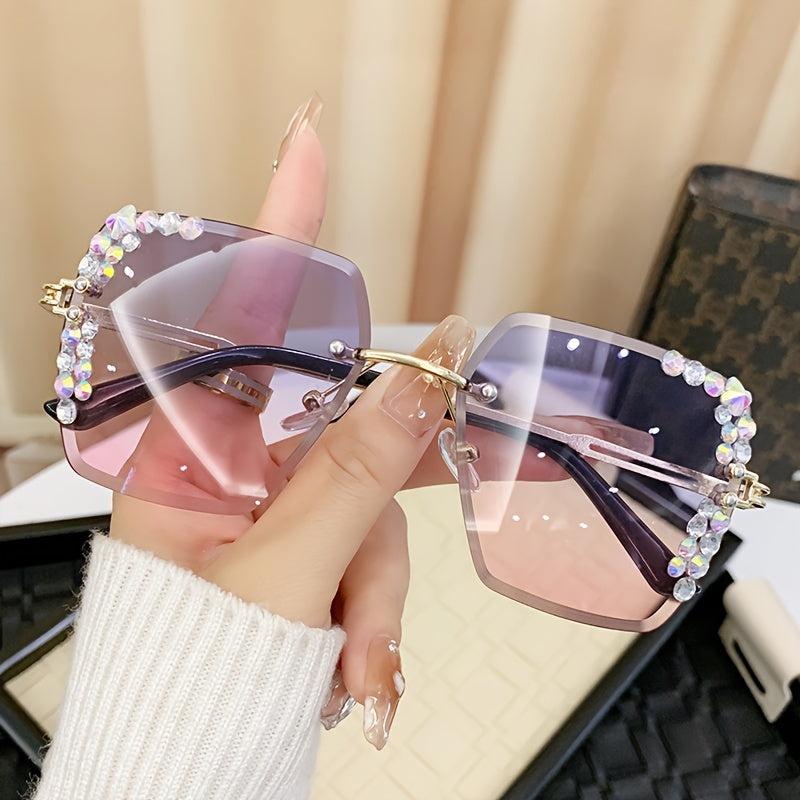 2 rhinestone rimless fashion glasses for women with gradient lenses, metal frames, and casual yet fashionable design.