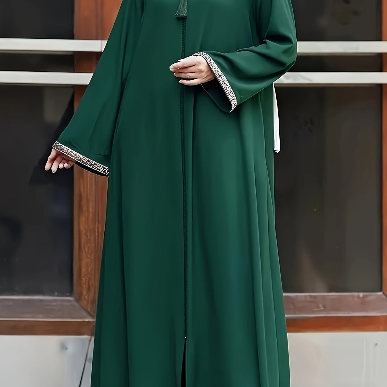 Women's sequined trim long sleeve maxi dress with crew neck, loose fit, and max length - perfect for Muslim attire.