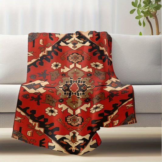 One piece of a contemporary style, red ethnic patterned throw blanket made of soft warm flannel fleece. This multifunctional blanket is washable and suitable for use in the home, office, camping, or car travel. It is durable, anti-tear, and features a