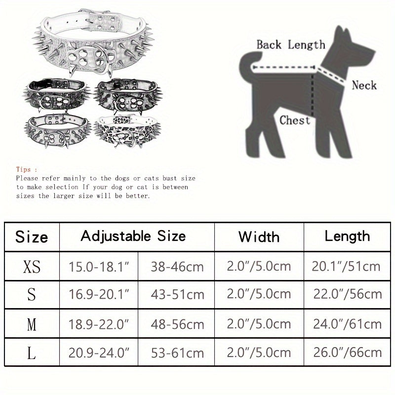 Medium to large dog collar with spiked studs, hand wash only, durable for heavy-duty use, non-breakable buckle, sturdy construction.