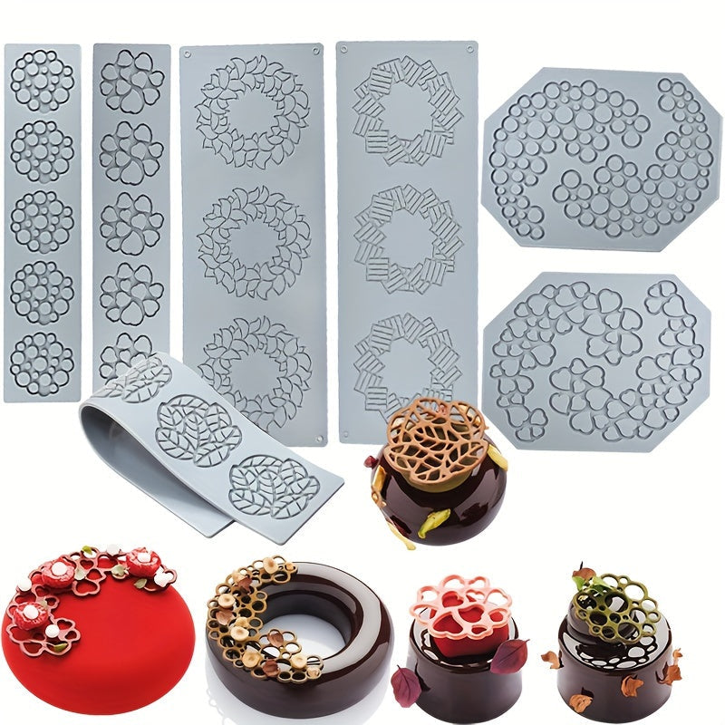 Cake decorating tools including a Sugarcraft Cake Silicone Mold, Cake Lace Mat, Leaves Wreath Fondant Silicone Pad.