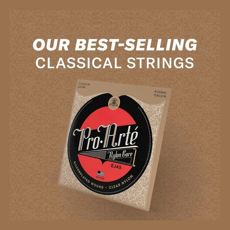 1 Pack of Pro-Arté EJ45 Classical Guitar Strings with coated nylon core, silver grey & yellow, normal tension, and laser-selected trebles for balance and comfortable playability.