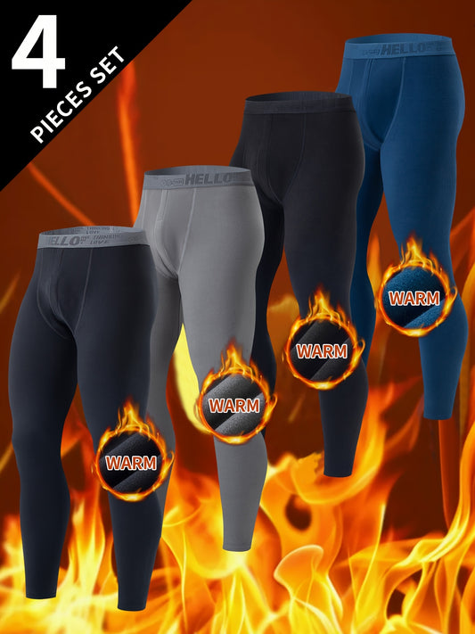 4-Pack Men's Winter Warmth Leggings in solid color, made of polyester knit fabric with 5% elastane for comfort and slight stretch, ideal base layer for fall/winter.