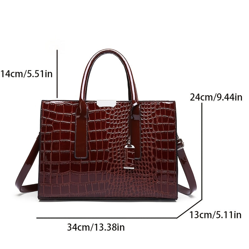 Stylish crocodile pattern handbag, great for travel or gifting, with spacious interior and versatile carrying choices.