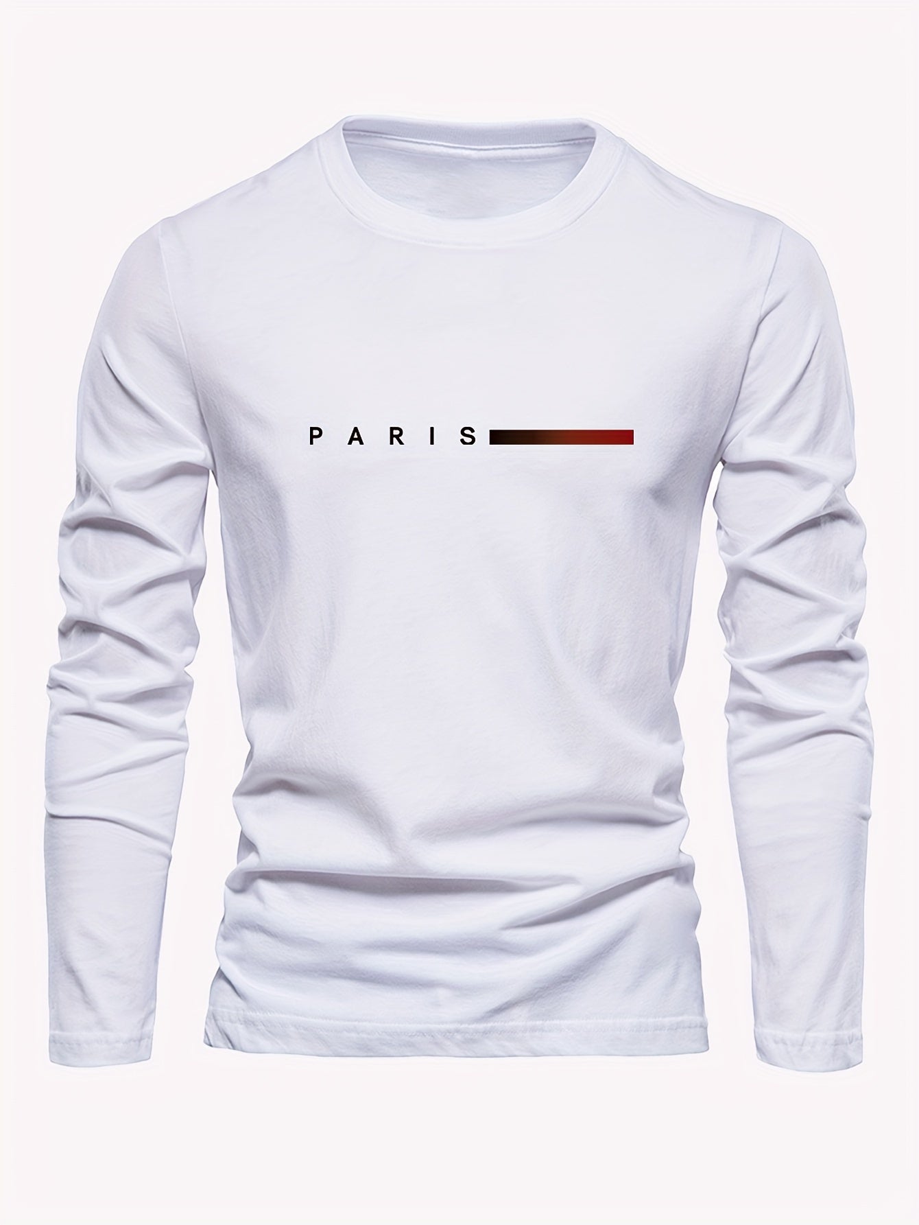 Three men's long sleeve cotton t-shirts with Paris print design, ideal for spring and fall.