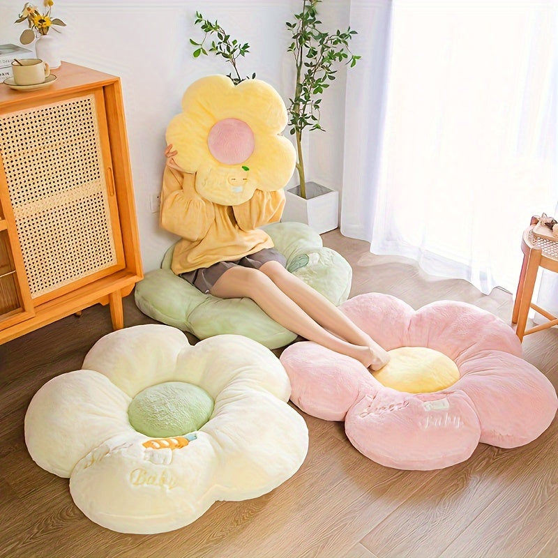 Plush polyester seat cushion with fruit and flower theme. Round and machine washable. Provides full-body support for long periods of sitting. Ideal for car, chair, sofa. Perfect gift for