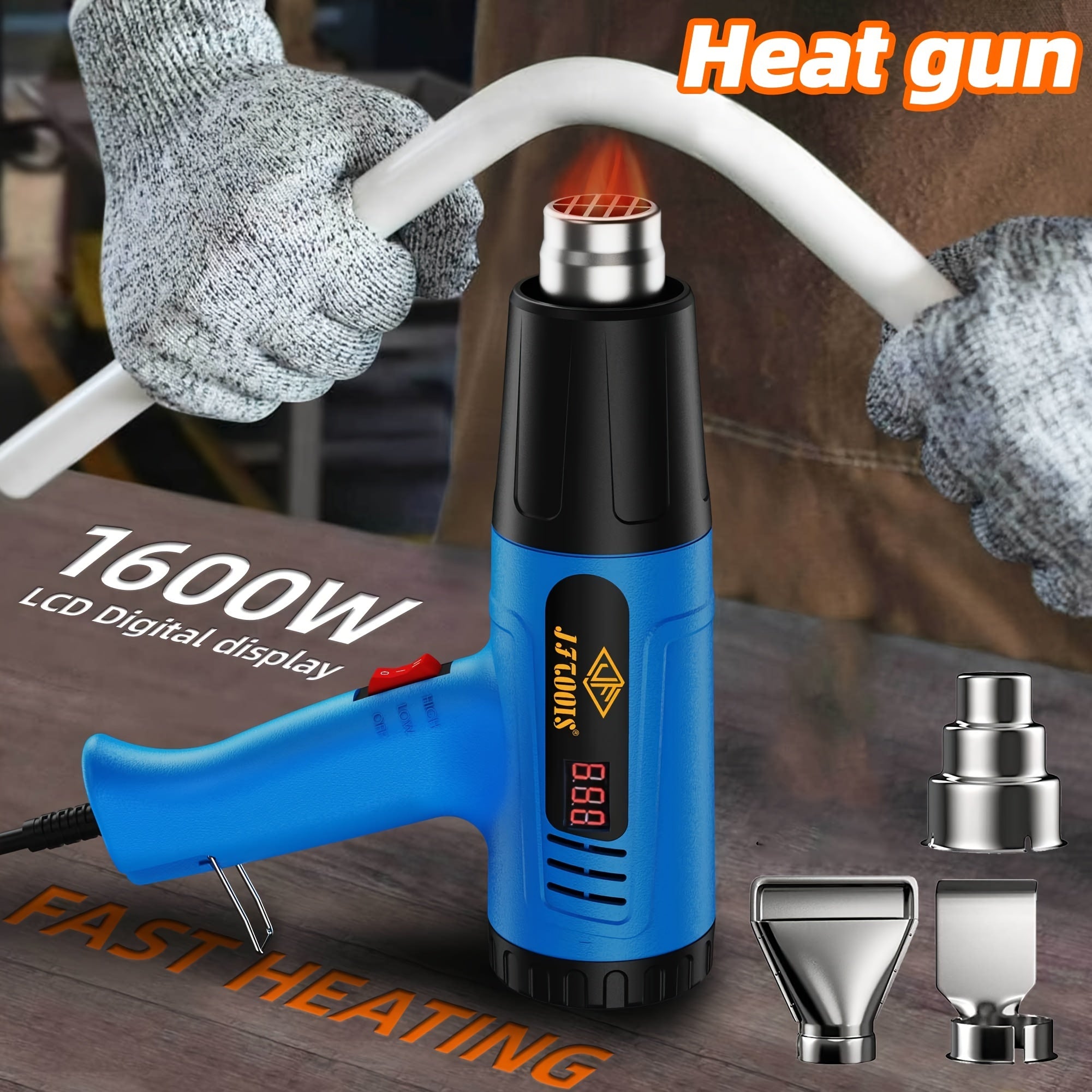 European 220V digital hot air gun with four air nozzles for thawing water pipes, heat shrink applications, and automotive films. Back cover temperature can be adjusted from 50 to 650