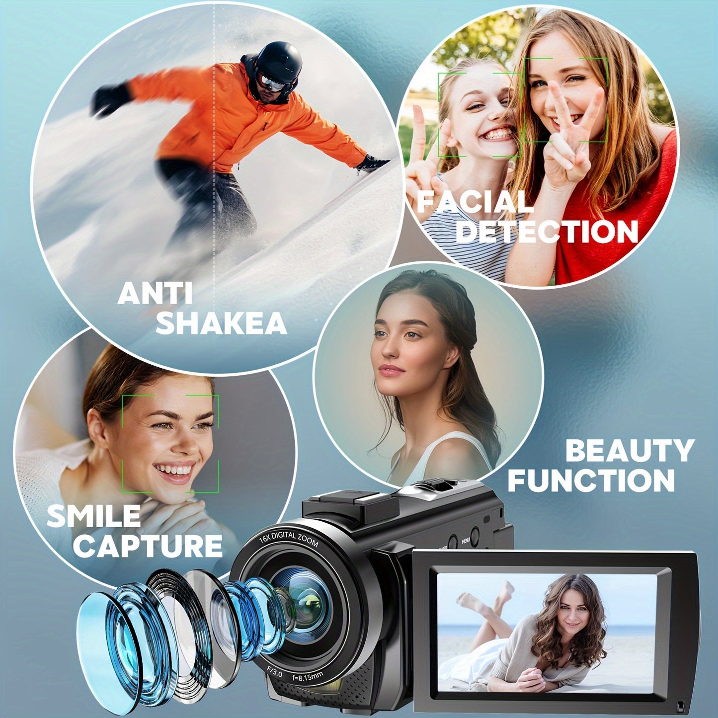 STUOGYUM Digital Video Camera Camcorder with 270° Rotation Screen, 16X Digital Zoom, 1080i Video Capture Resolution, Auto Focus, 64GB Card