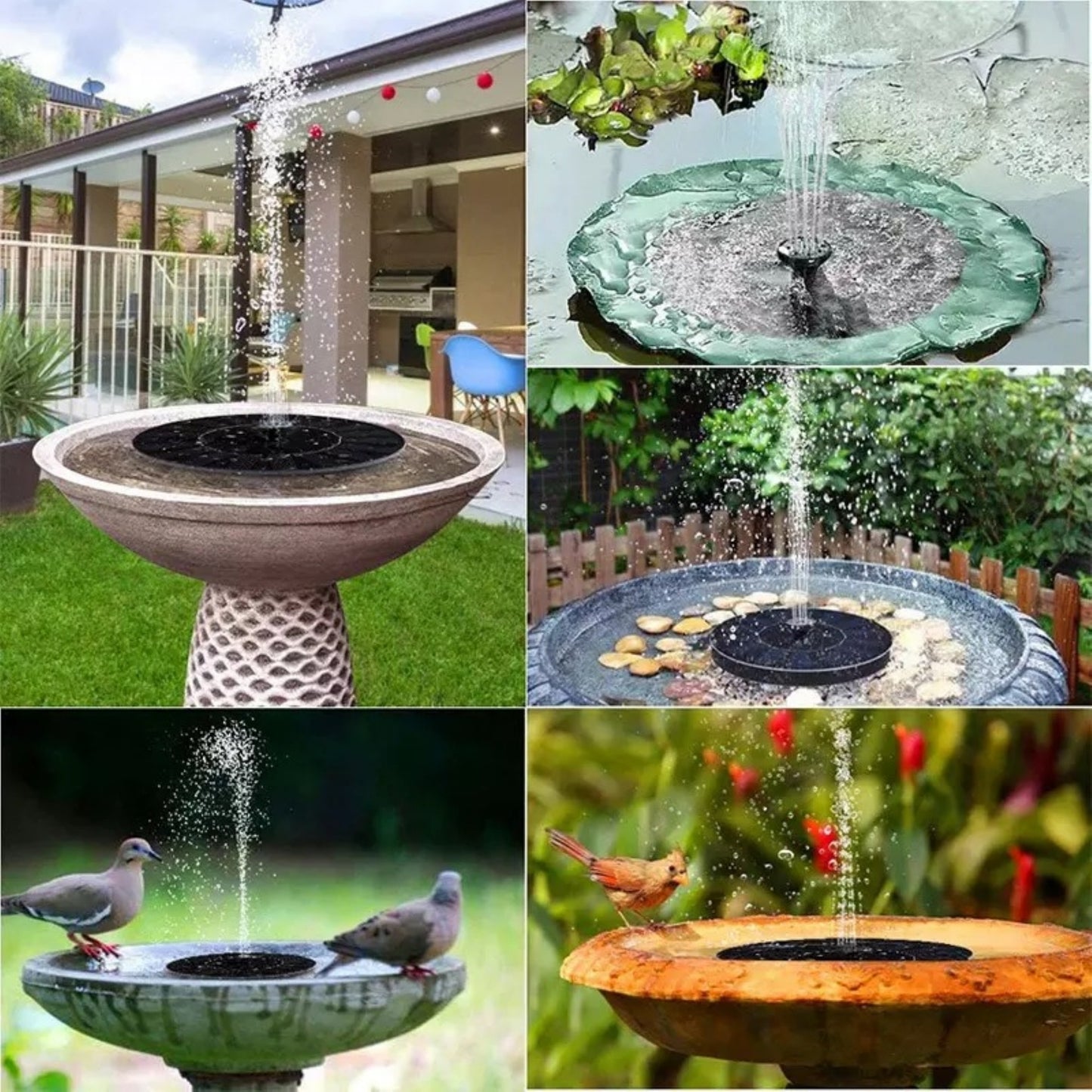 Solar powered water feature for pond, pool, and bird bath with easy setup and no batteries needed.